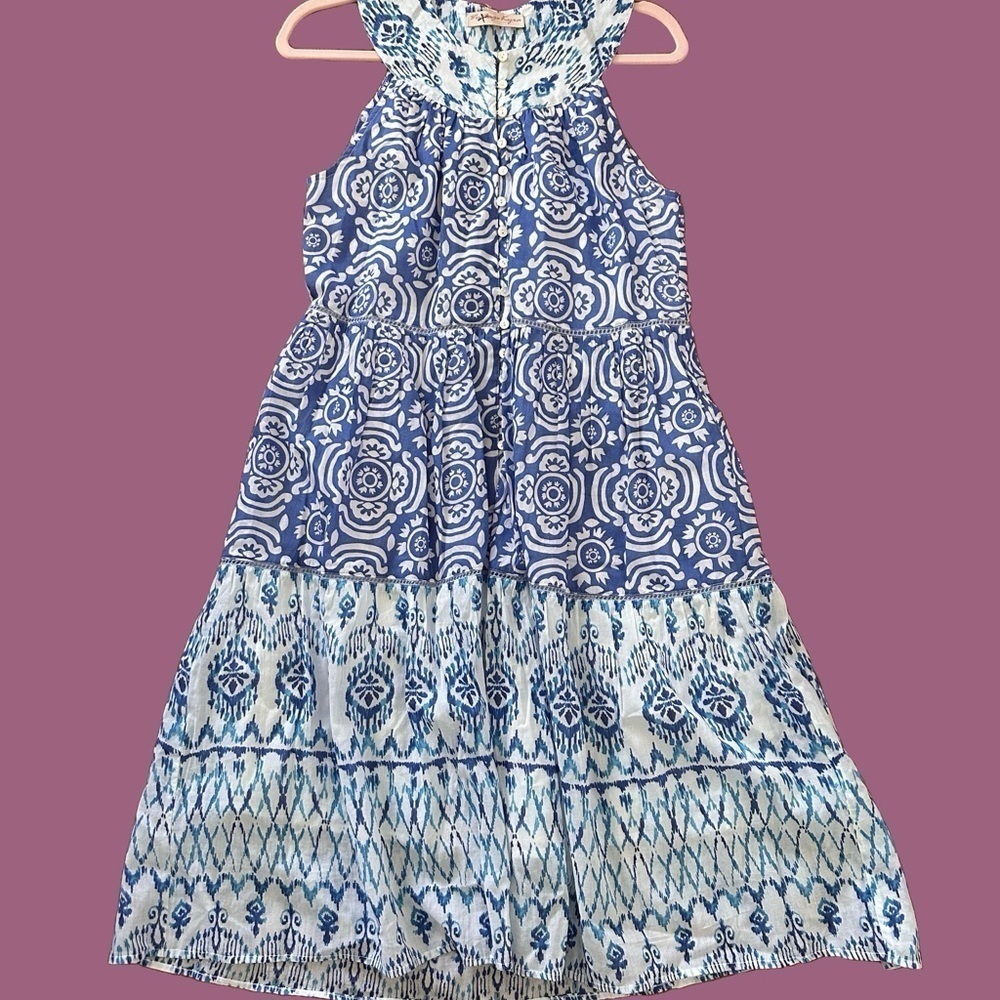 Blue and White Sleeveless Halter Midi Sundress like new